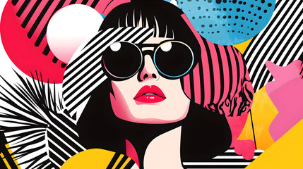 Stylish Woman in Sunglasses: A bold graphic portrayal of a woman adorned with oversized sunglasses, her gaze intense, set amidst an array of colorful geometric shapes and patterns.