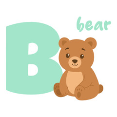 Bear with letter B illustration. Cute pastel bear design. Alphabet animal B