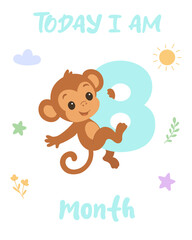 Monkey eight month milestone illustration. Baby growth chart design. Cute animal birthday number art