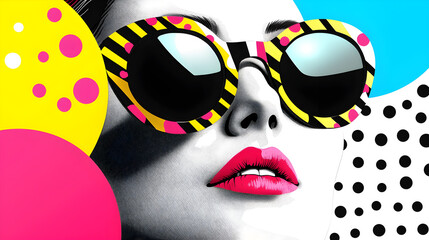 Glamour in Sunglasses: A vibrant close-up of a woman wearing stylish sunglasses against a dynamic background. A vision of modern elegance and bold fashion.