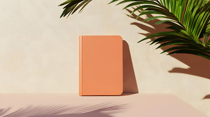 Tropical Notebook: a coral-colored notebook rests serenely on a rose-colored surface, adorned with the shadows of tropical foliage, creating a sense of relaxation.