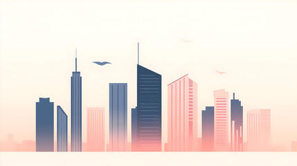 Fototapeta premium Skyline Silhouette: An atmospheric cityscape, with towering skyscrapers and architectural structures outlined against a pastel sky, evoking a sense of modern urbanism and serene beauty.