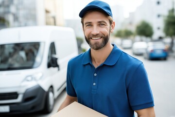 Happy delivery man smiling outdoors holding package near van providing fast shipping service