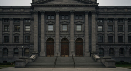 Obraz premium The imposing, symmetrical facade of a classic, institutional stone building under a dark, overcast sky. A moody concept of government or authority. 