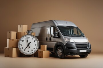 Fast Delivery Service Van with Packages and Clock Showing Punctual Shipping and Transportation
