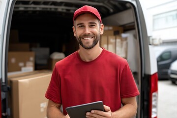 Happy delivery driver smiling with tablet near his van full of packages providing fast shipping service