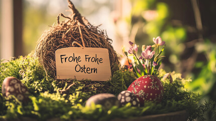 Naklejka premium German text like Frohe Ostern elegantly complements the lively image, adding a local cultural touch