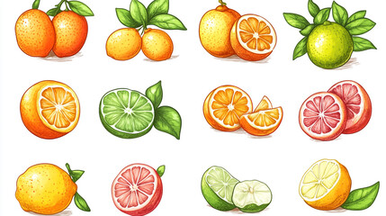 Hand-drawn vector style illustrations of citrus fruits detailed healthy food sketches perfect for summer-themed designs and natural product packaging