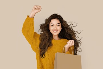 Happy woman in yellow sweater celebrates shopping success with a paper bag joyful expression