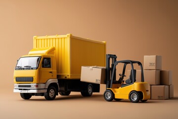 Yellow Truck and Forklift Loading Cardboard Boxes Efficient Logistics and Cargo Delivery Service