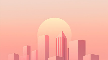 Fototapeta premium A serene, minimalist cityscape at sunset, featuring geometric buildings against a soft pink background and a large, glowing sun.