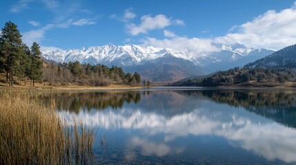 Peaceful Himalayan lake reflecting snow-capped peaks near ABC, still waters, no people