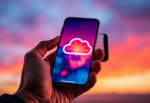 Close-up of hand holding phone, abstract cloud storage icon displayed,  smartphone,   technology background