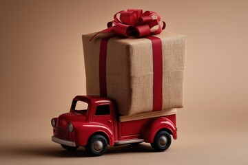 Old-fashioned Red Truck Delivering Large Gift Box