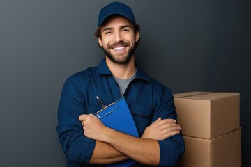 Happy Delivery Man Holding Clipboard Near Cardboard Boxes Smiling Confidently Service Logistics Worker