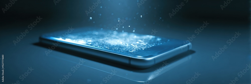 Poster 3d smartphone screen depicting leak of private data illuminated by top margin light in a dark enviro