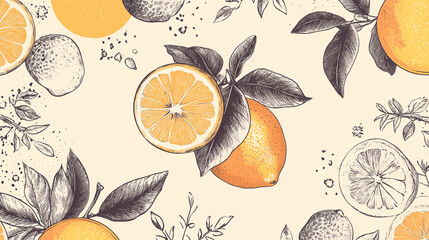 Illustration of hand-drawn black and white illustrations with oranges, lemons, grapefruits, citrus fruits, leaves, and flowers on an isolated background. Hand-drawn sketch line art