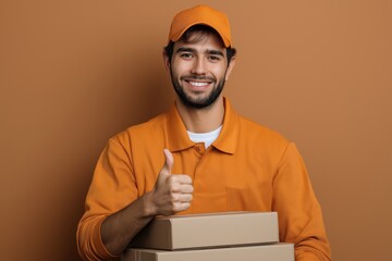 Happy delivery man in orange uniform gives thumbs up holding packages against brown background