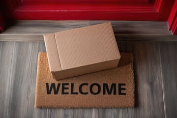 Cardboard Package Delivery on Welcome Mat at Front Door Home Entrance