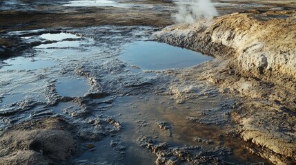 Peaceful thermal area in Yellowstone with bubbling mud pots and sulfur steam rising, pure wilderness, no humans