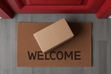 Cardboard Package on Welcome Mat at Front Door Delivery Home Entrance