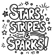 Stars and stripes graphic design with decorative elements. Bold lettering design with celebratory embellishments in a plain background.