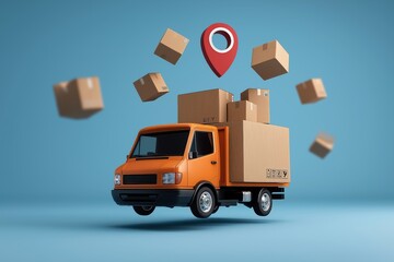 Orange Delivery Truck with Cardboard Boxes and Location Pin, Fast Shipping Concept