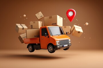Orange Delivery Truck Loaded with Cardboard Boxes and a Location Pin Showing Fast Shipping and Delivery Services