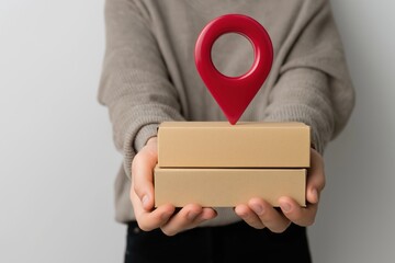 Person holding two cardboard boxes with a red location pin on top representing delivery service or online order tracking.