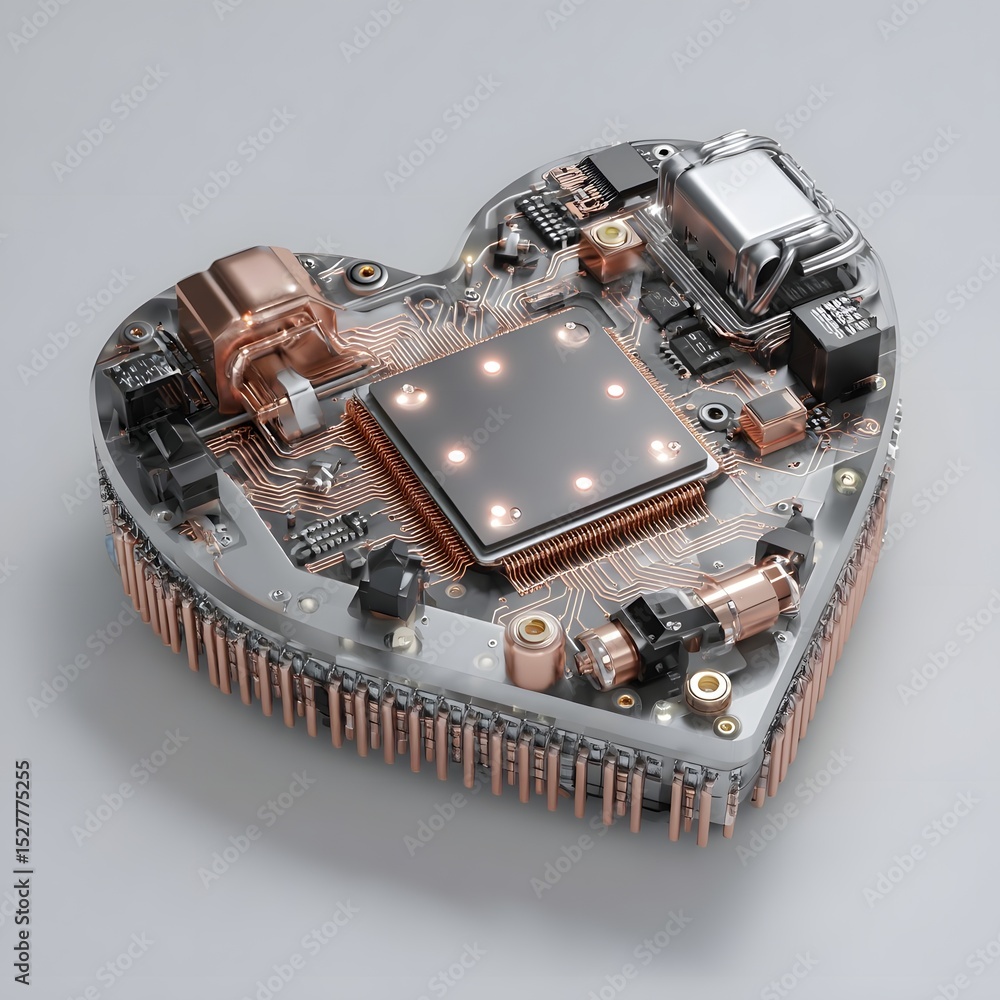 Poster heart-shaped circuit board with intricate components, showcasing technology in a minimalist setting