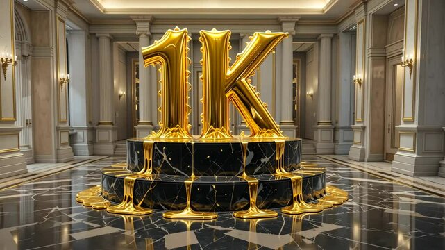 Golden 1K balloon sculpture in luxurious palace interior with marble columns and floor reflections. Concept of celebration and milestone