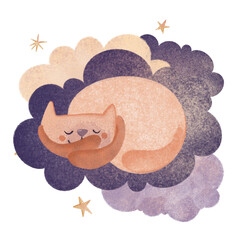 Hand-drawn digital illustration of a cute orange cat sleeping on soft clouds with stars. Watercolor texture, perfect for children's books, nursery art, or greeting cards. Raster graphic, ideal for whi