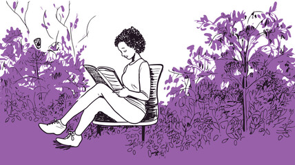 Woman Reading Book Alone in Garden Illustration