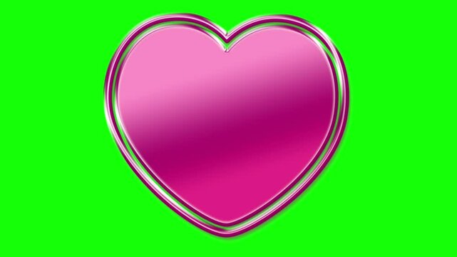 A shiny, three-dimensional pink heart with a reflective surface, outlined by a thin metallic silver border, set against  on a Vibrant Green Screen Chroma Key Pro Video	
