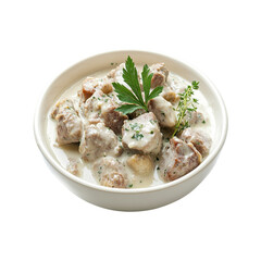Creamy Pork Stew in a White Bowl with Parsley and Thyme Garnish
