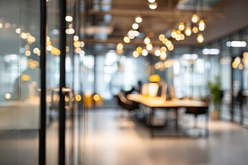 Blurred view of modern office space, with glass partitions, warm lighting, and a glimpse of workstations