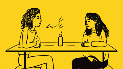Two Women Having a Deep Conversation at Table in Yellow Background