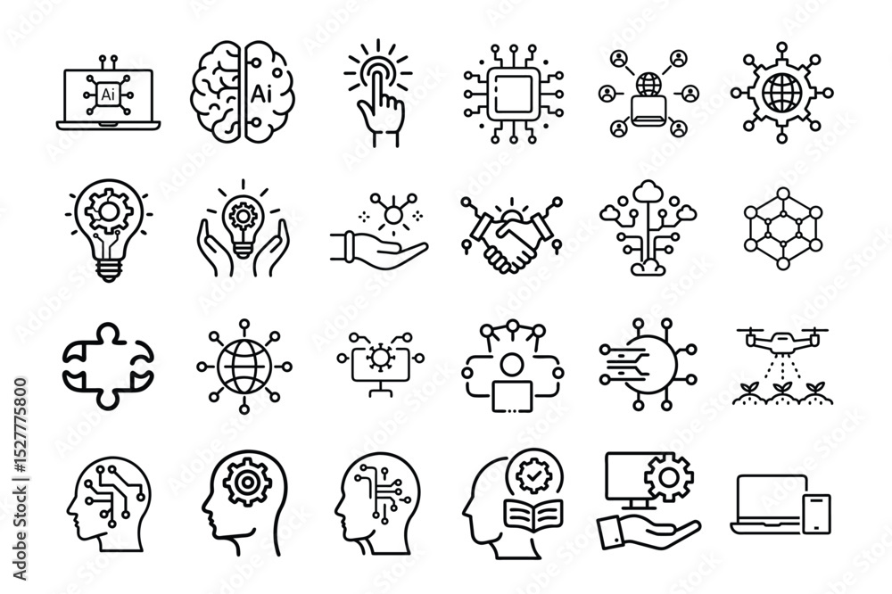 Poster a grid of 20 minimalist line icons representing technology and artificial intelligence concepts. the