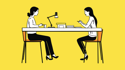 Two Women Talking at Desk in Minimalist Yellow Office Illustration
