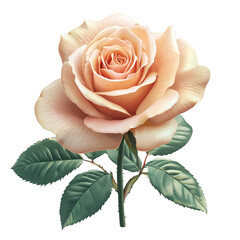 A single peach colored rose with green leaves on a stem artwork on transparent background