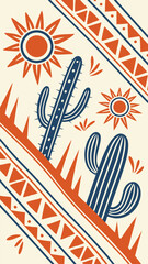 Vector Traditional Mexican pattern cacti, suns and stripes in orange and blue colors. Handmade ceramic style Tialave