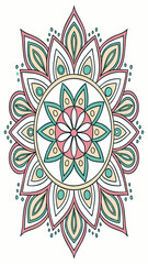Detailed vector mandala with floral motifs and symmetrical patterns. Turquoise, gold, pink. Hand-painted henna (mehendi) effect