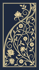  Islamic vector pattern with intertwining lines and floral motifs (arabesque). Gold on dark blue, hand-carved wood detailing