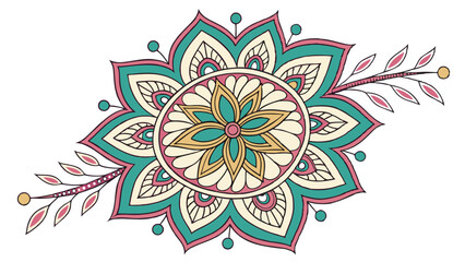 Detailed vector mandala with floral motifs and symmetrical patterns. Turquoise, gold, pink. Hand-painted henna (mehendi) effect