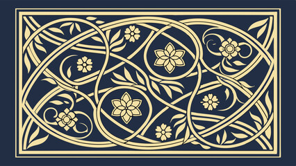  Islamic vector pattern with intertwining lines and floral motifs (arabesque). Gold on dark blue, hand-carved wood detailing