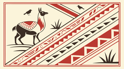 Vector Andean geometric print stepped lines, birds and alpaca in red, white and black. Traditional weaving style