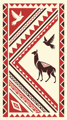 Vector Andean geometric print stepped lines, birds and alpaca in red, white and black. Traditional weaving style