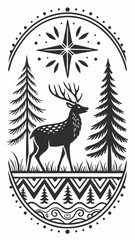 Vector Black and white Scandinavian ornament deer, fir trees and simple geometric shapes. Hand-engraved style, for packaging and poster