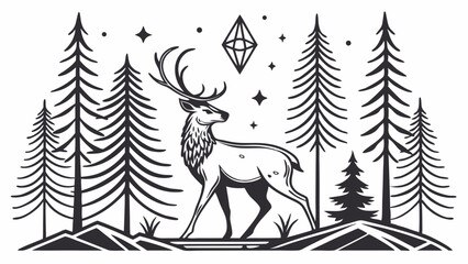 Vector Black and white Scandinavian ornament deer, fir trees and simple geometric shapes. Hand-engraved style, for packaging and poster