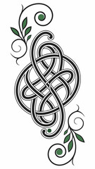  Vector Celtic ornament with endless knots and spirals. Black and green, imitation of hand embroidery on leathe